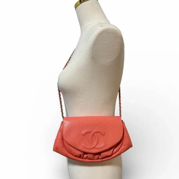 🍑Chanel Half Moon Wallet on Chain Crossbody Orange Leather Silver Hardware - Picture 3 of 15